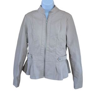 Baccini Womens Beige Peplum Jacket Zip Up Casual Chic faux leather cottagecore